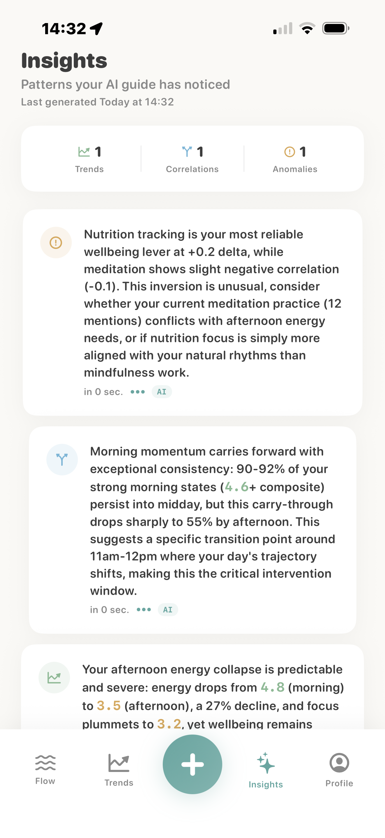 Insights view showing AI-generated observations about trends, correlations, and anomalies in personal data